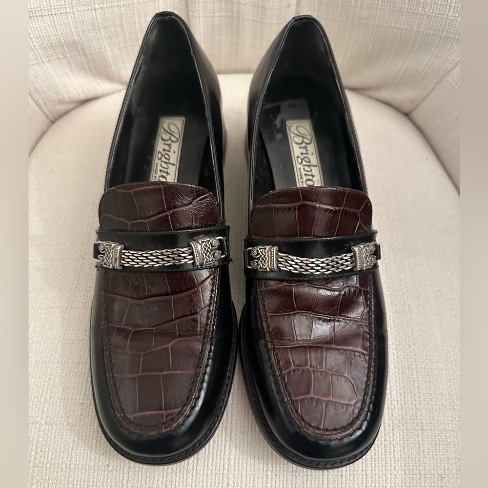 Brighton Loafers Women’s 7.5 Brown Black Croc Embossed Leather Slip-On Shoes